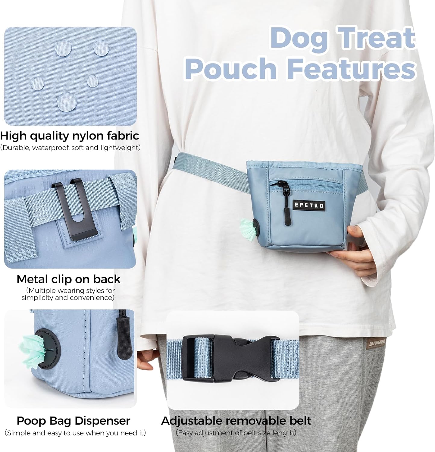 Water resistant nylon fabric of the pet treat bag demonstrating weather protection capabilities