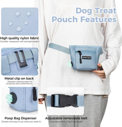 Water resistant nylon fabric of the pet treat bag demonstrating weather protection capabilities