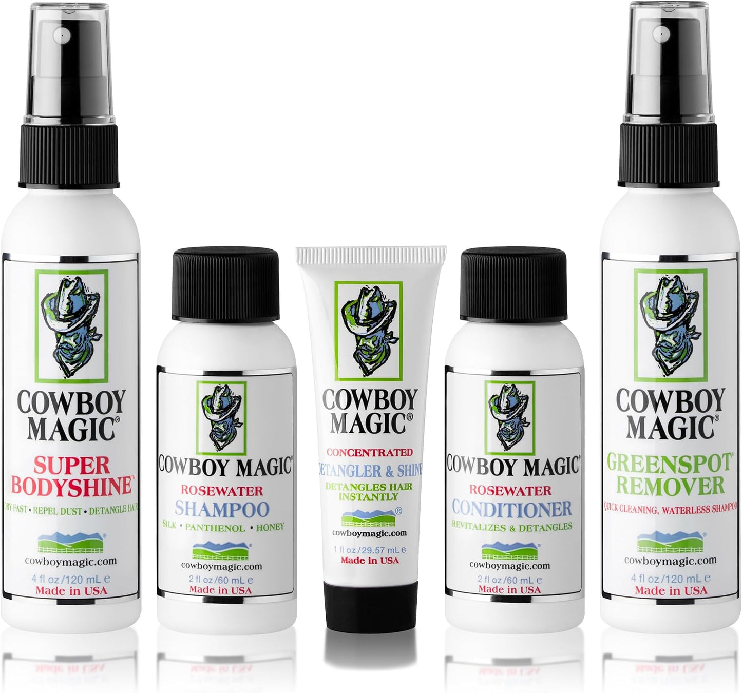 Cowboy Magic Sample Kit - Includes Rosewater Shampoo (2 oz), Rosewater Conditioner (2 oz), Super Bodyshine (3.4 oz), Greenspot Remover (3.4 oz), & Detangler & Shine (1 oz) - Perfect for Travel & Tack - Image 1