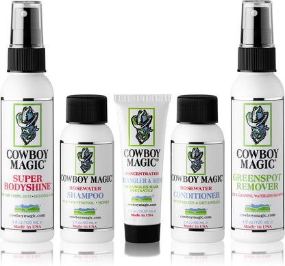Cowboy Magic Sample Kit - Includes Rosewater Shampoo (2 oz), Rosewater Conditioner (2 oz), Super Bodyshine (3.4 oz), Greenspot Remover (3.4 oz), & Detangler & Shine (1 oz) - Perfect for Travel & Tack - Image 1