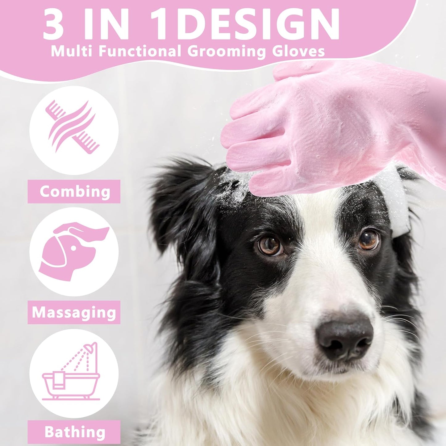 Person wearing pink Maiiu grooming gloves massaging a cat