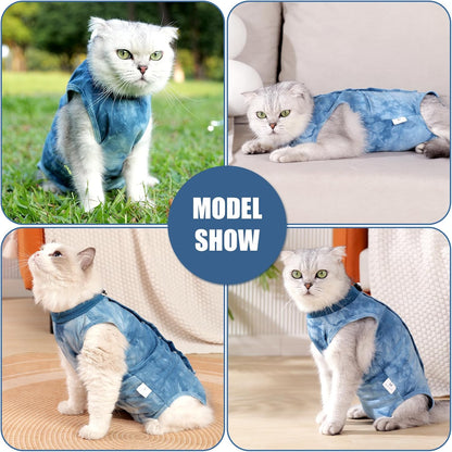 Cat recovery suit showing rear opening for litter box access