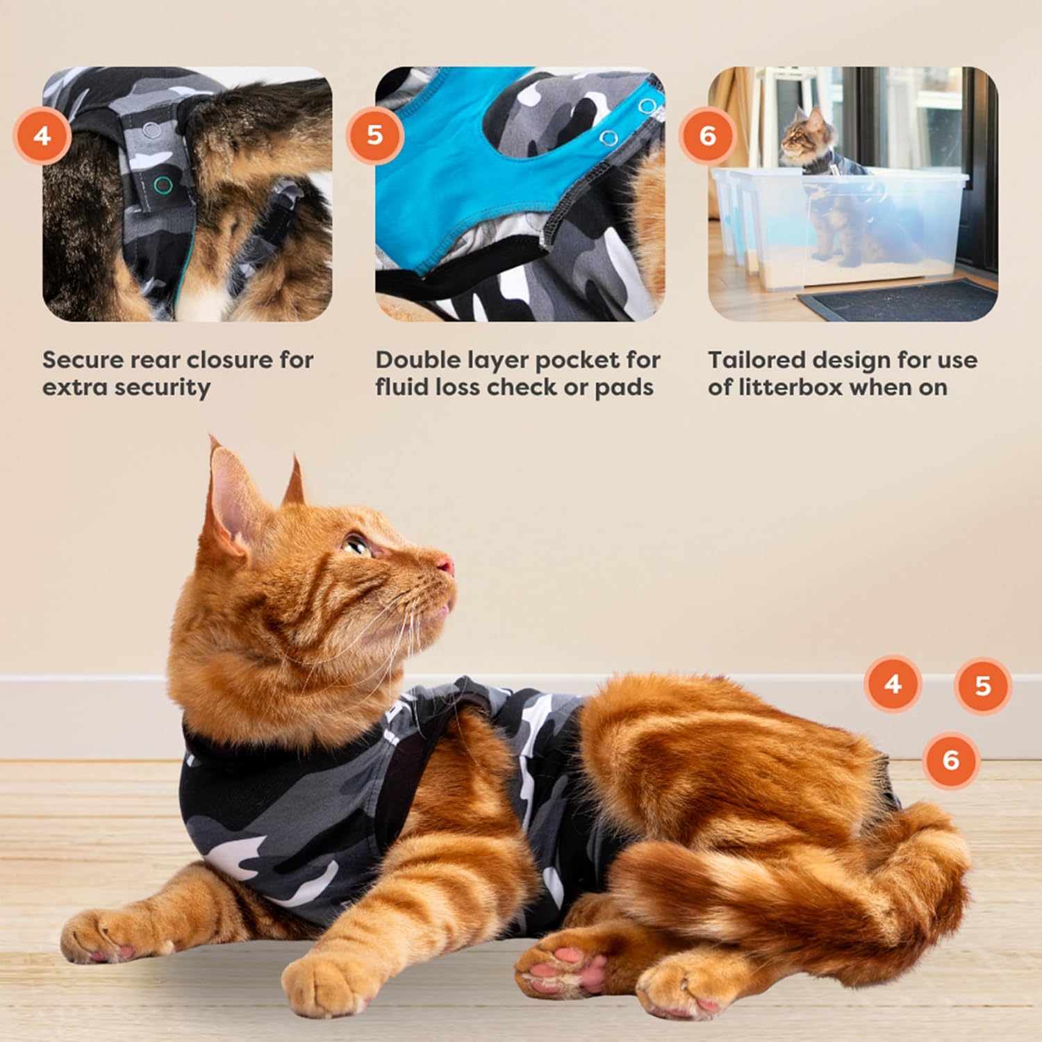 Cat wearing Suitical camouflage protective recovery clothing after spaying