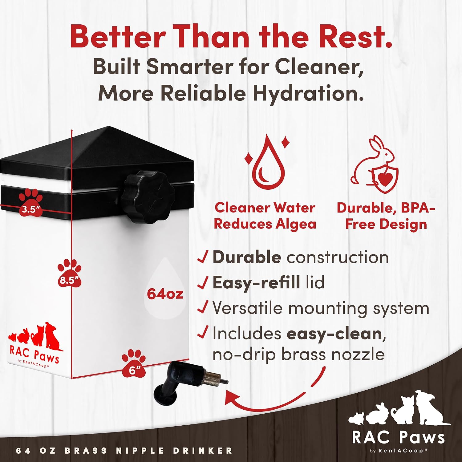 RentACoop 64oz (2 Liter) Small Animal Drinker with No-Drip Brass Nipple- Water Dispenser Suitable for Small Pets, Bunnies, Hamsters, Guinea Pigs, Rabbits, Chinchillas, Gerbil, Mice and Rats - Image 2