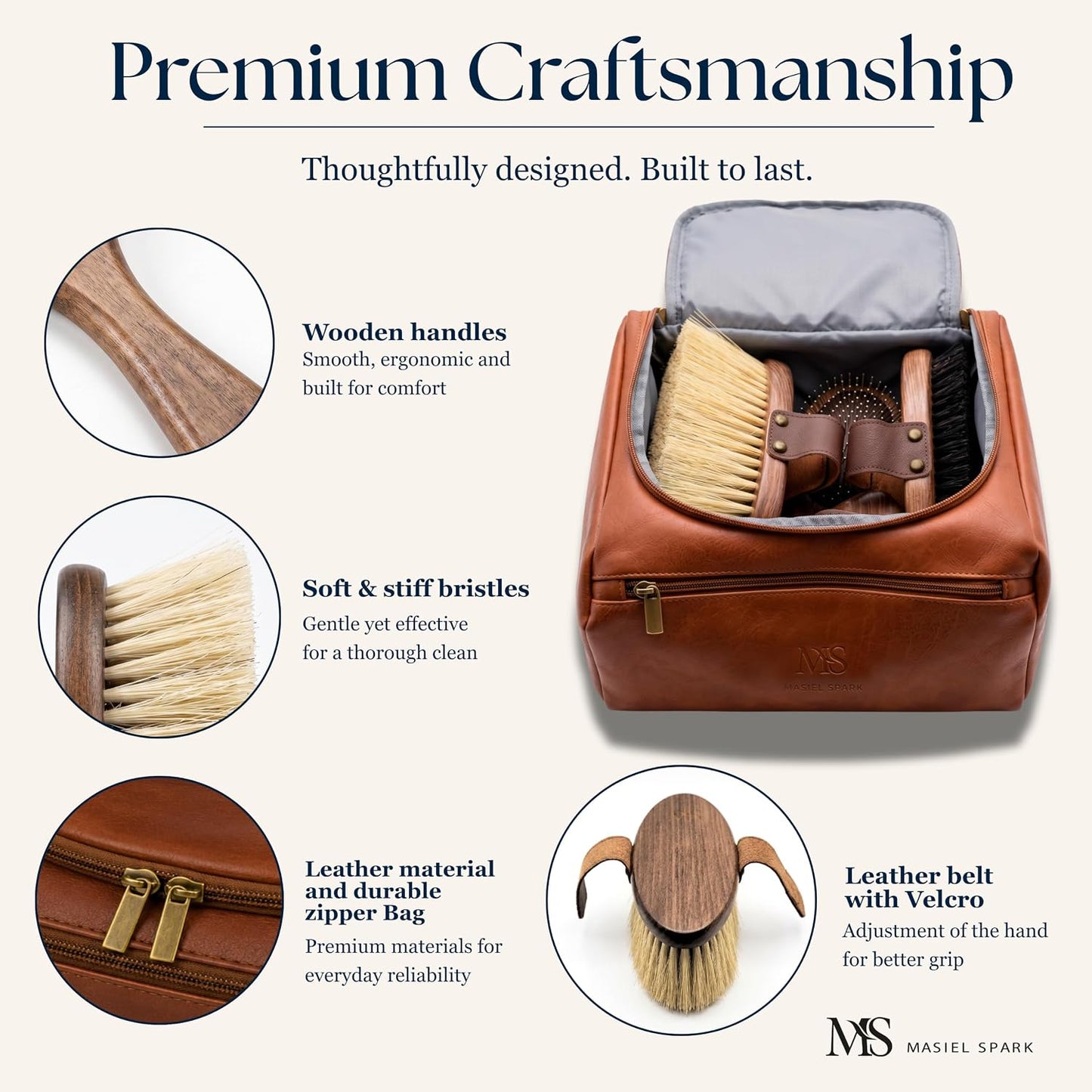 Soft finishing brush for horses showcasing polished wooden handle and dense bristles.