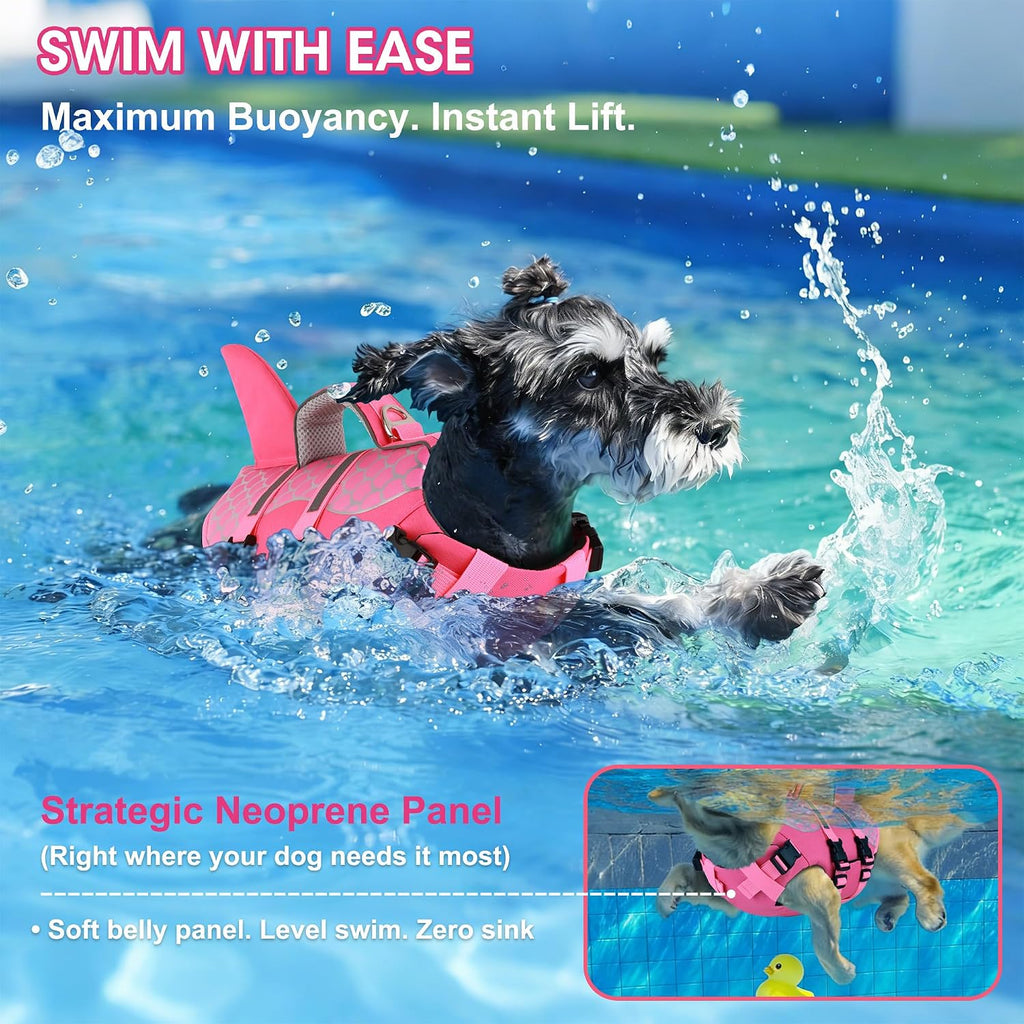 Dogcheer pink scales shark dog life vest side profile view
