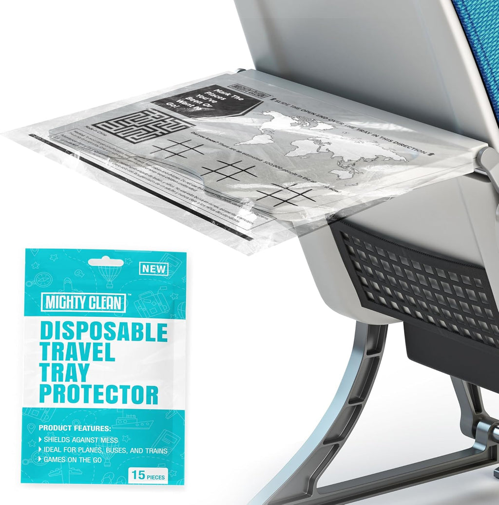 Mighty Clean Disposable Travel Tray Protectors pack front view showing airplane travel essentials packaging.