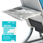 Mighty Clean Disposable Travel Tray Protectors pack front view showing airplane travel essentials packaging.