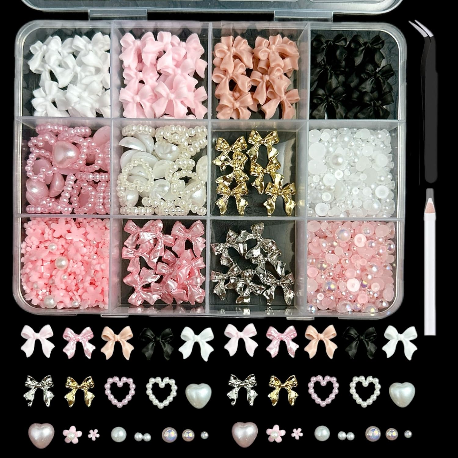 Shein Gold Bow Nail Charms Kit front view with 12 compartments