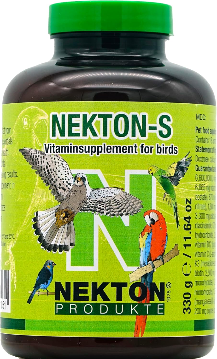 Close up of Nekton-S premium powder multi-vitamin container lid and safety seal details