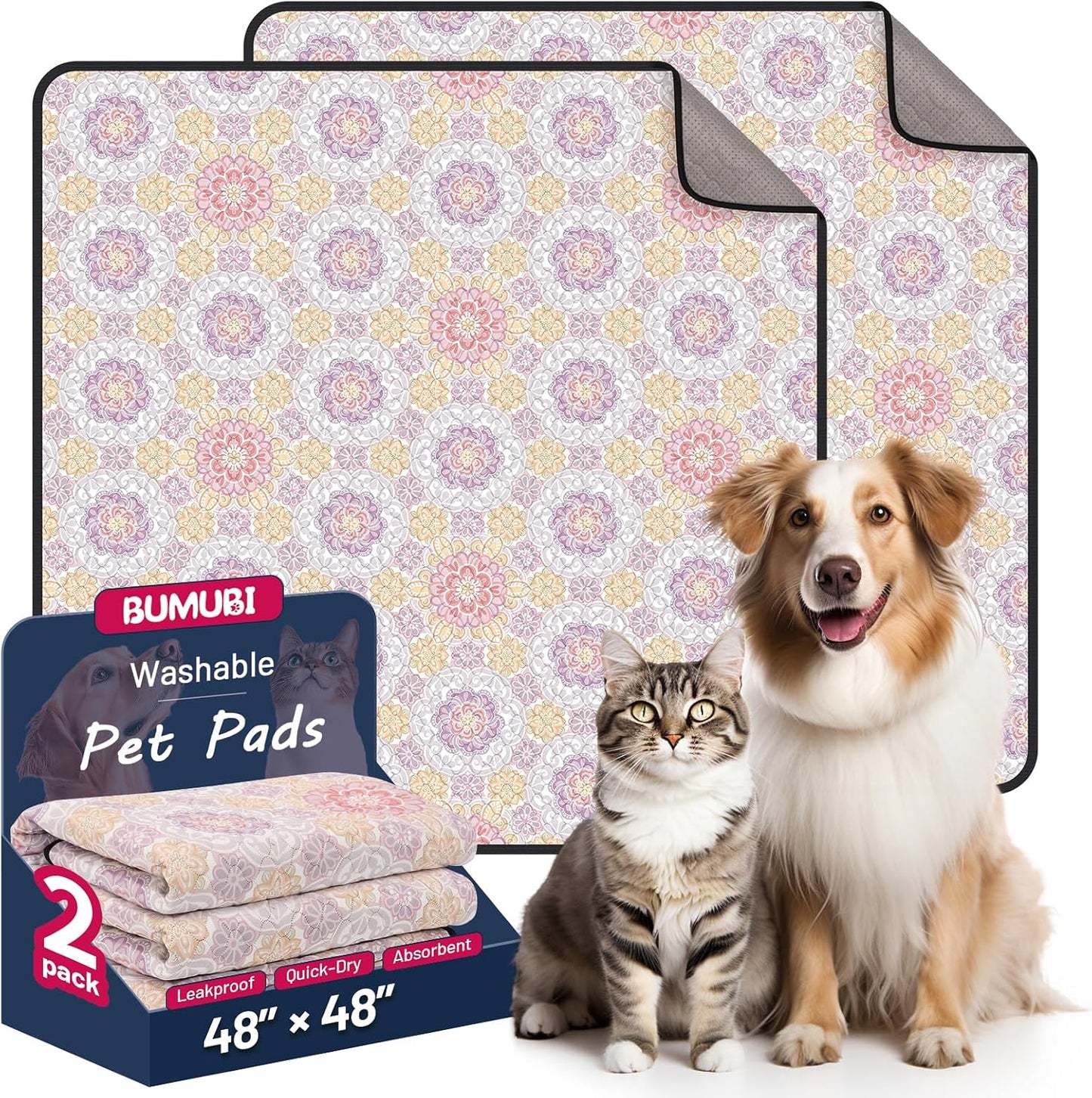 Bumubi washable dog pee pads front view in purple plants pattern