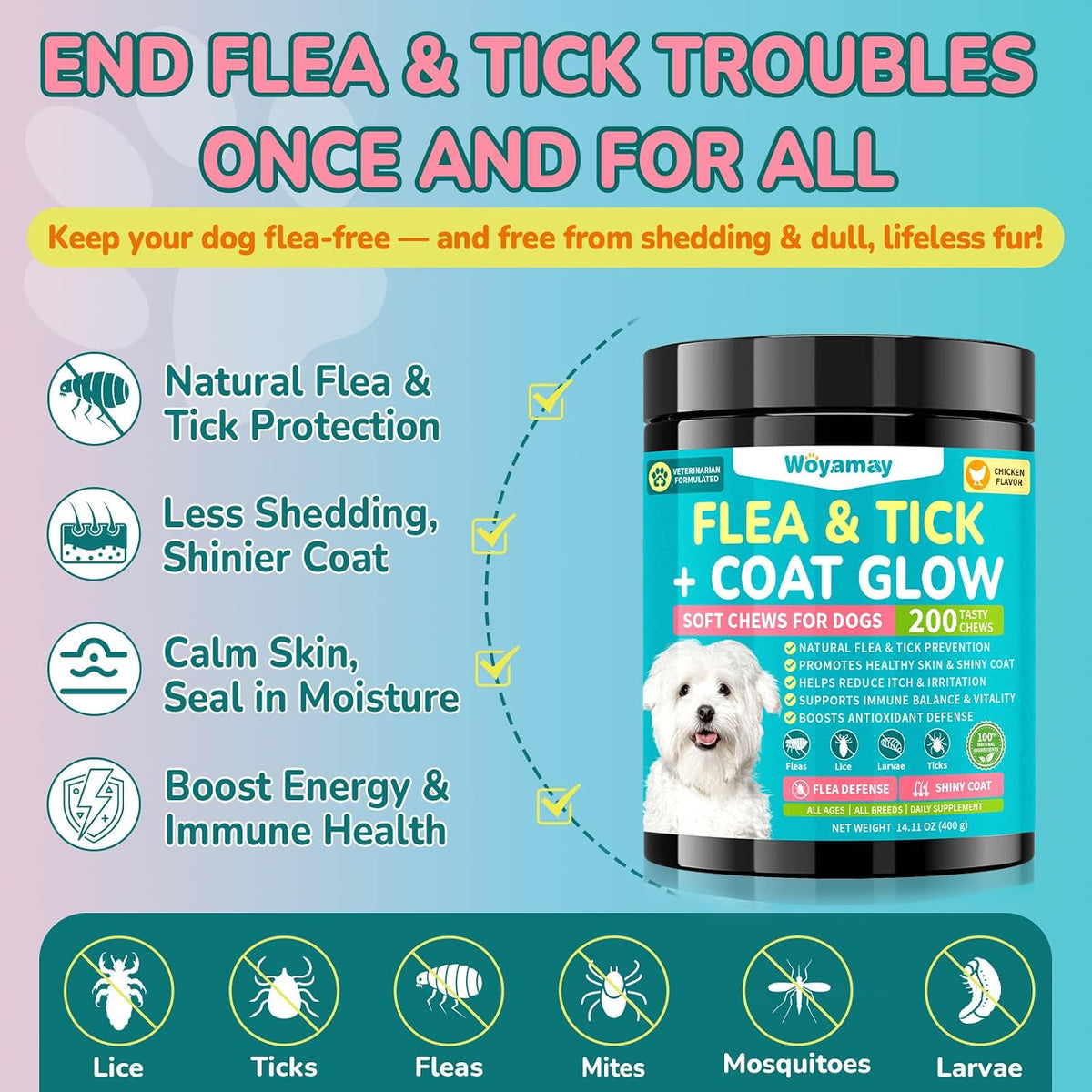 Woyamay dog flea defense two hundred soft chews jar back label