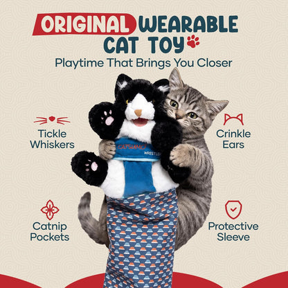 Durable protective forearm sleeve on interactive cat wrestling toy puppet
