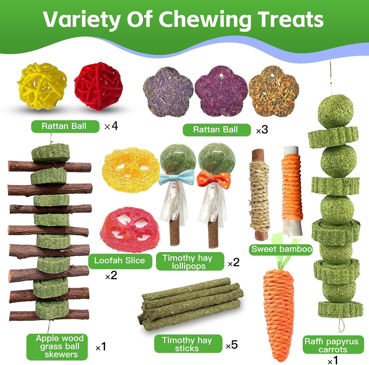 WDEFUN small pet dental treats displaying heart shaped timothy hay cakes and woven carrot toy for bunnies
