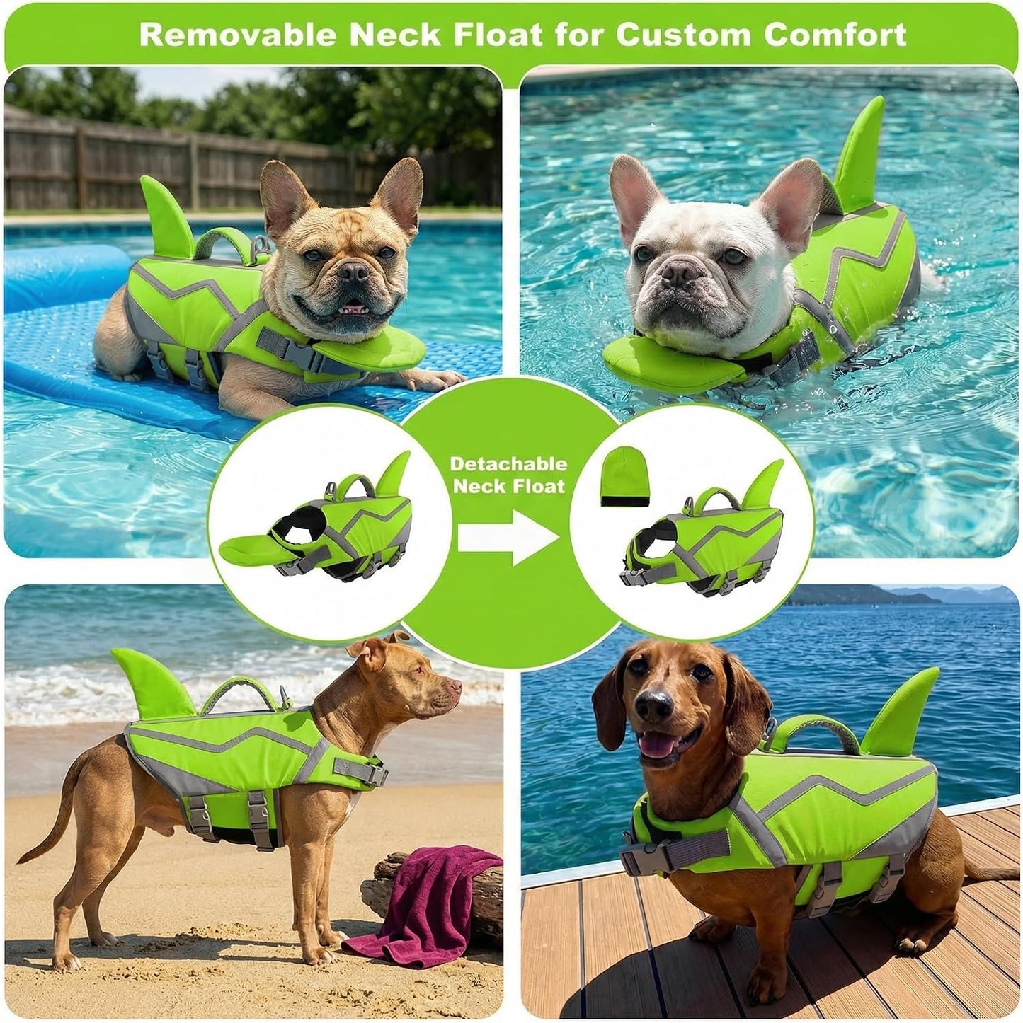 Doglay adjustable dog life vest showcasing the removable front neck float attachment.