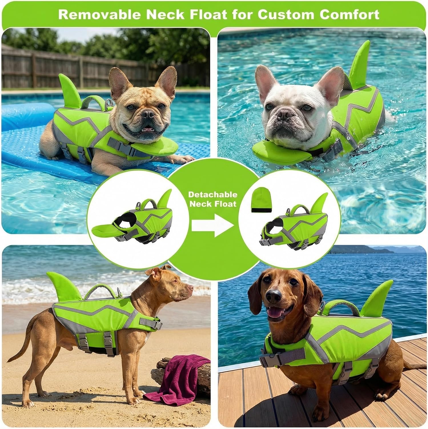 Doglay adjustable dog life vest showcasing the removable front neck float attachment.