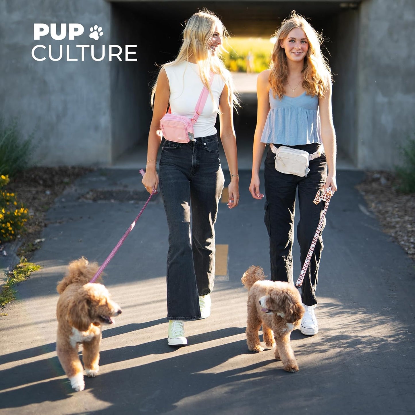 Pup Culture puppy training bag laying flat showcasing the adjustable utility strap and durable zippers