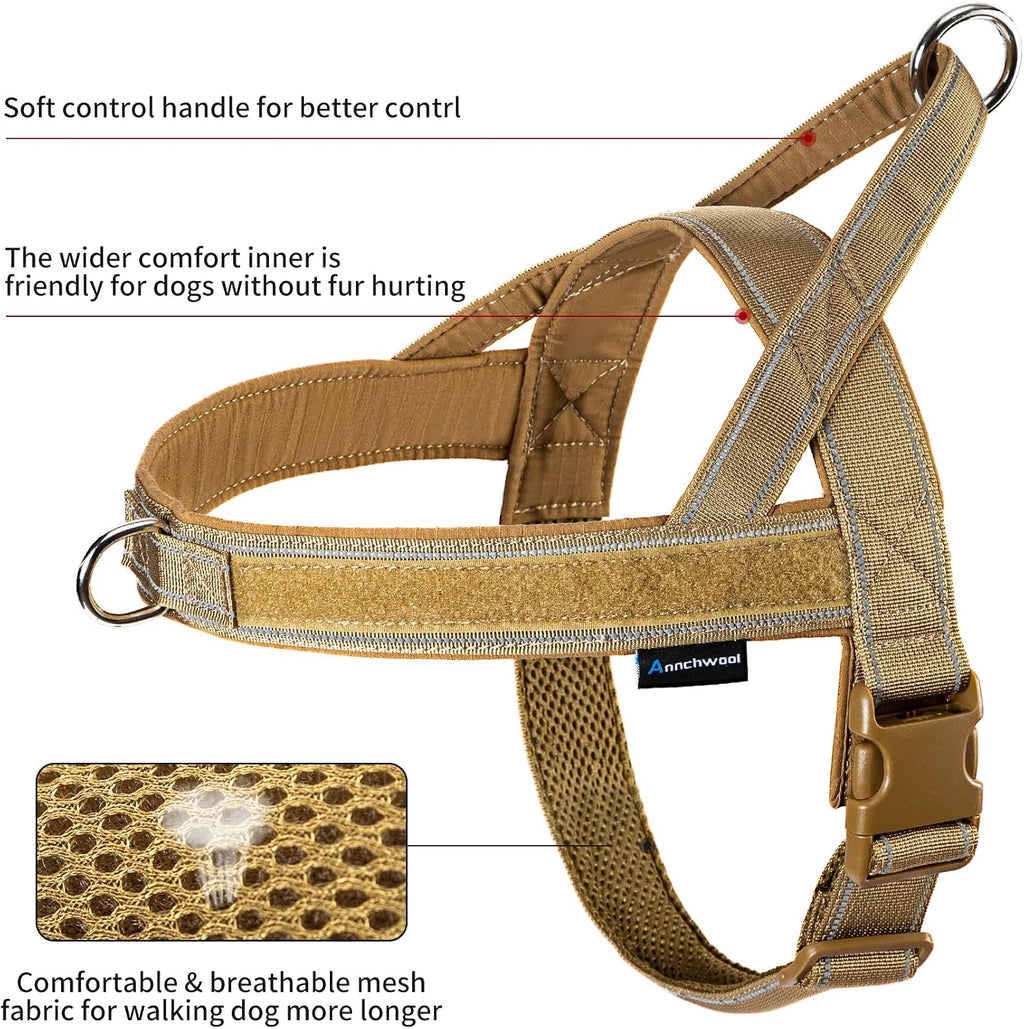 Annchwool training dog harness detail shot highlighting the heavy duty dual ring leash attachments.