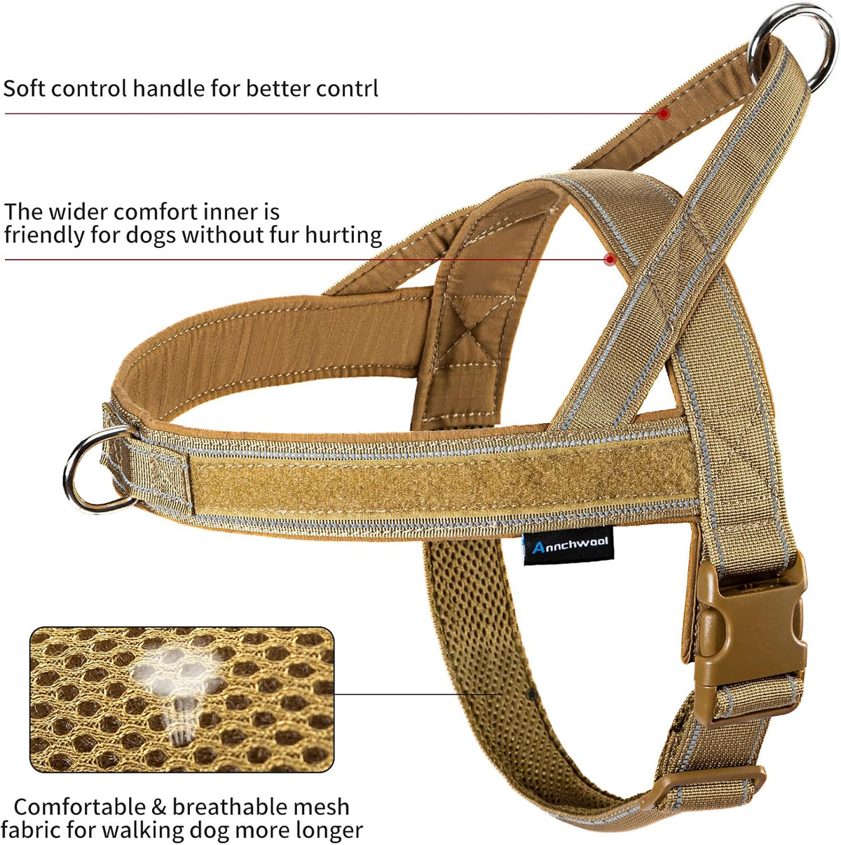 Annchwool training dog harness detail shot highlighting the heavy duty dual ring leash attachments.