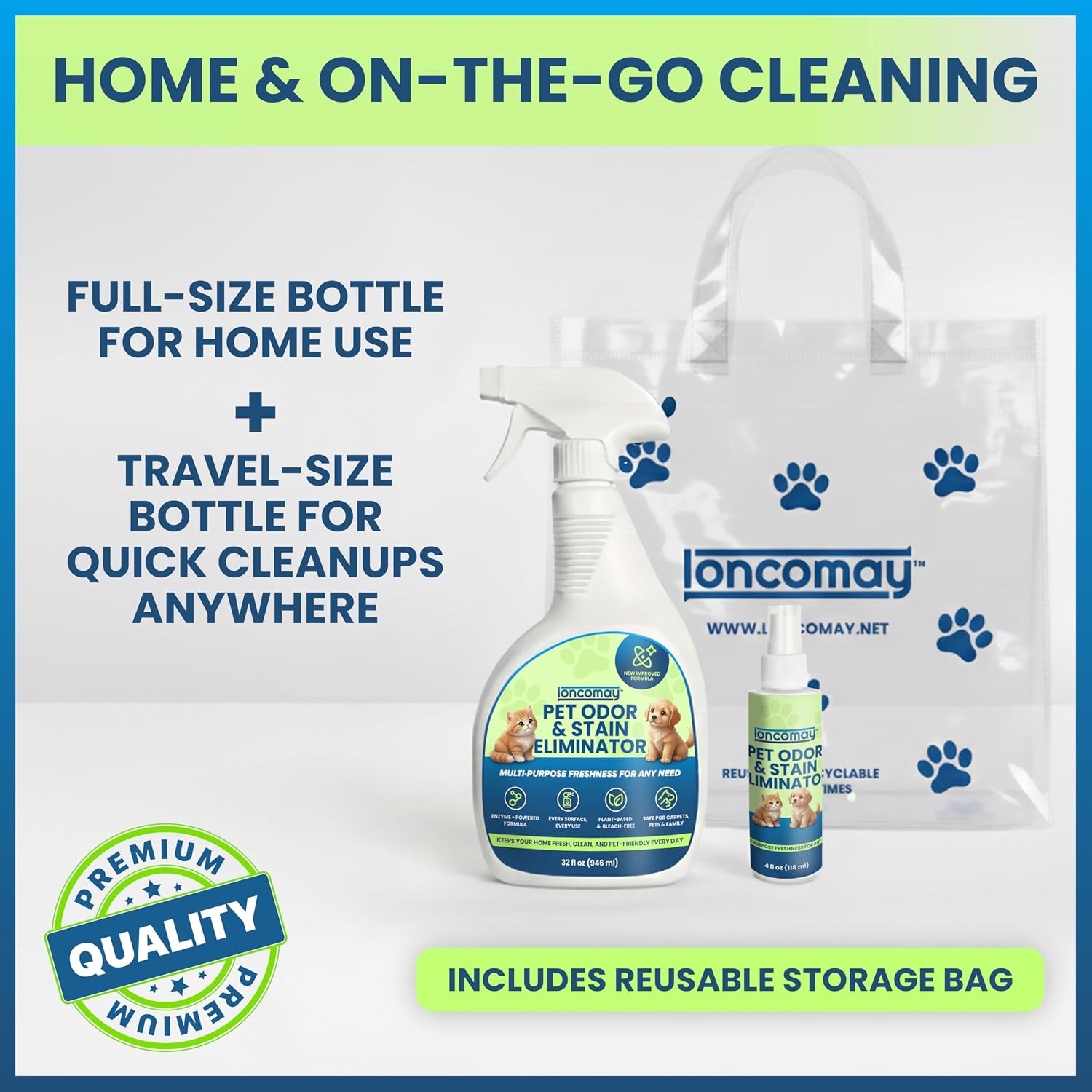 Bleach free pet urine and feces stain remover bottle set for households with dogs