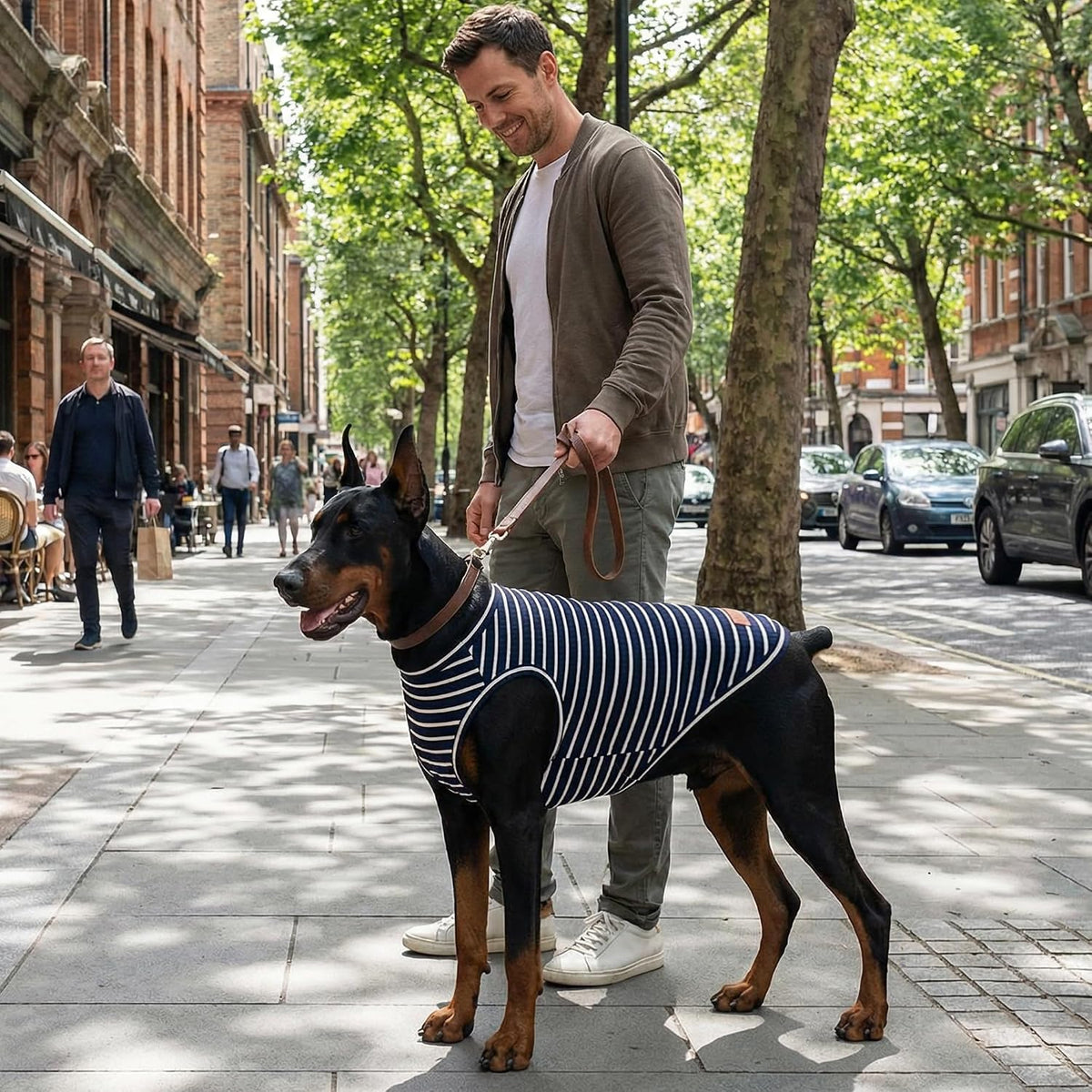 Close up of striped cotton fabric on dog shirt