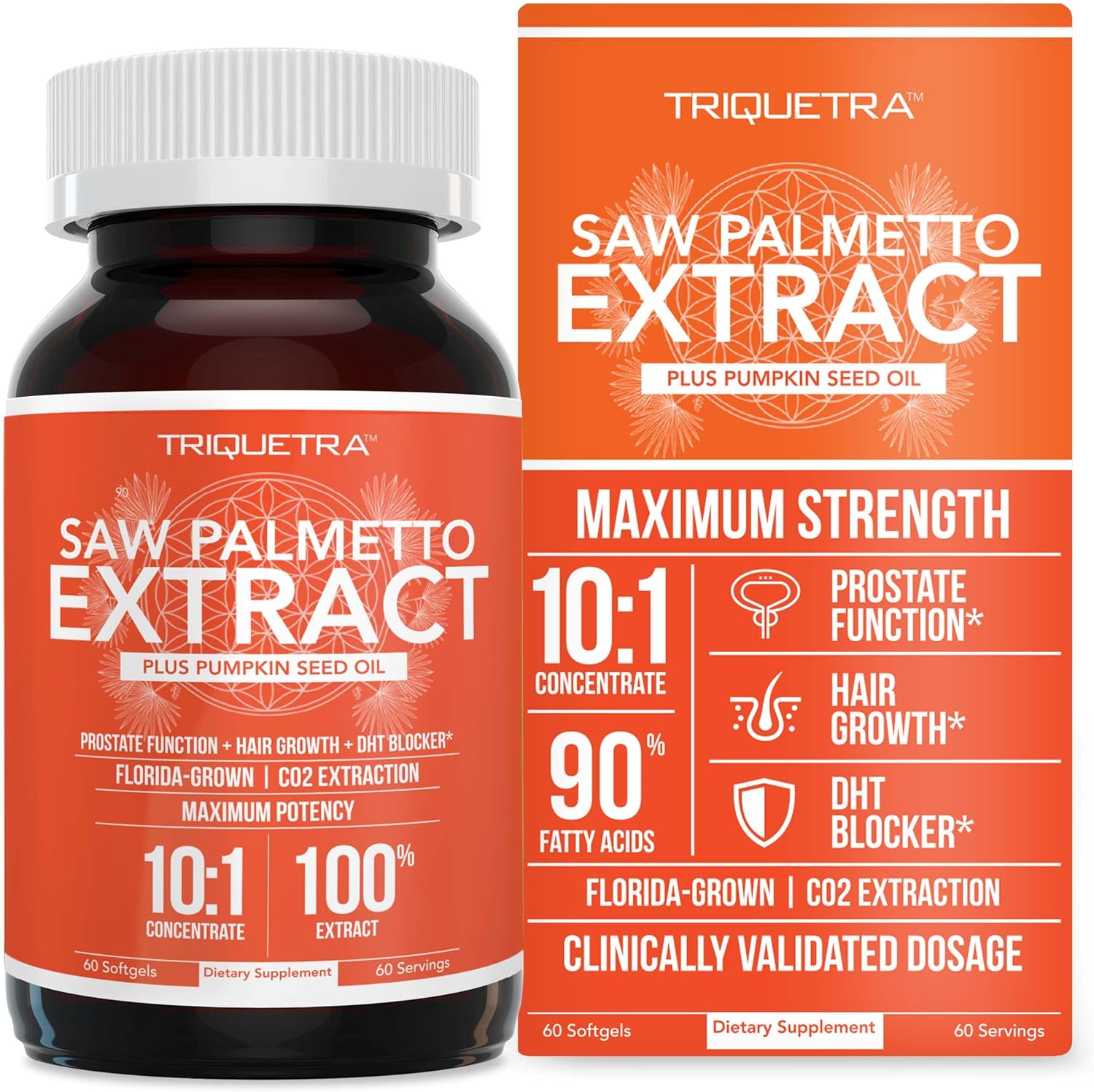 Triquetra Health Saw Palmetto Extract and Pumpkin Seed Oil 60 softgels front bottle view for prostate health.