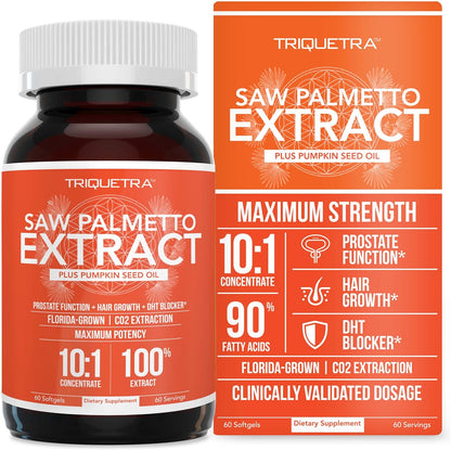 Triquetra Health Saw Palmetto Extract and Pumpkin Seed Oil 60 softgels front bottle view for prostate health.