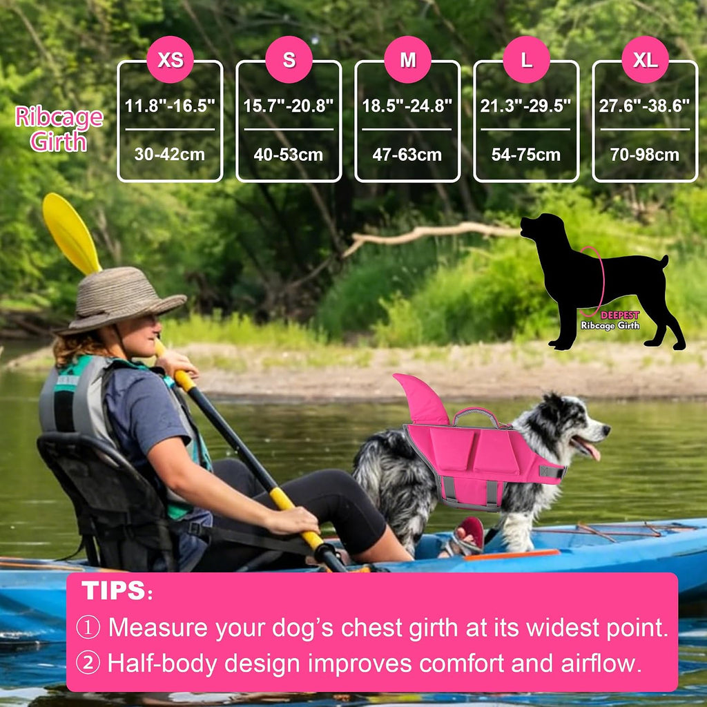 Bright pink puppy swim vest highlighting the reflective strips for night safety