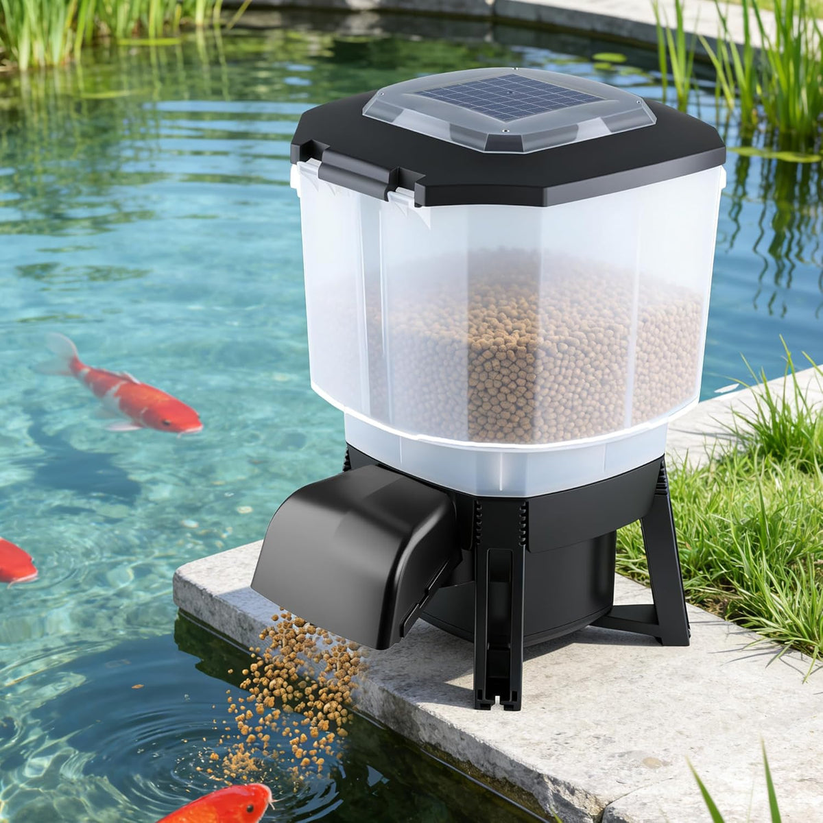Dehyteco solar automatic fish feeder front view for large outdoor koi ponds.