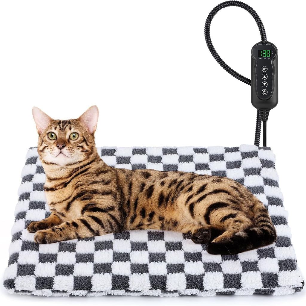 MIXJOY Heated Cat Bed front view showing the soft checkered pattern plush cover.