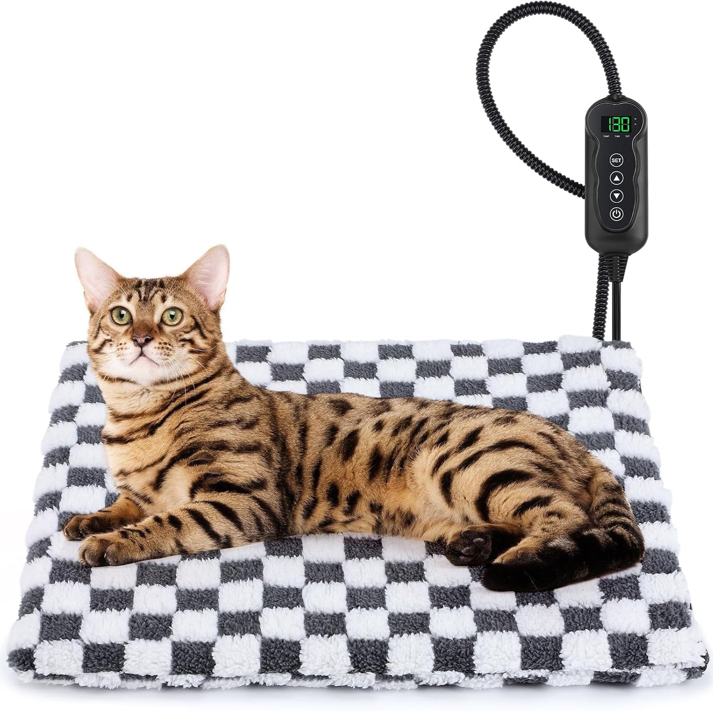 MIXJOY Heated Cat Bed front view showing the soft checkered pattern plush cover.