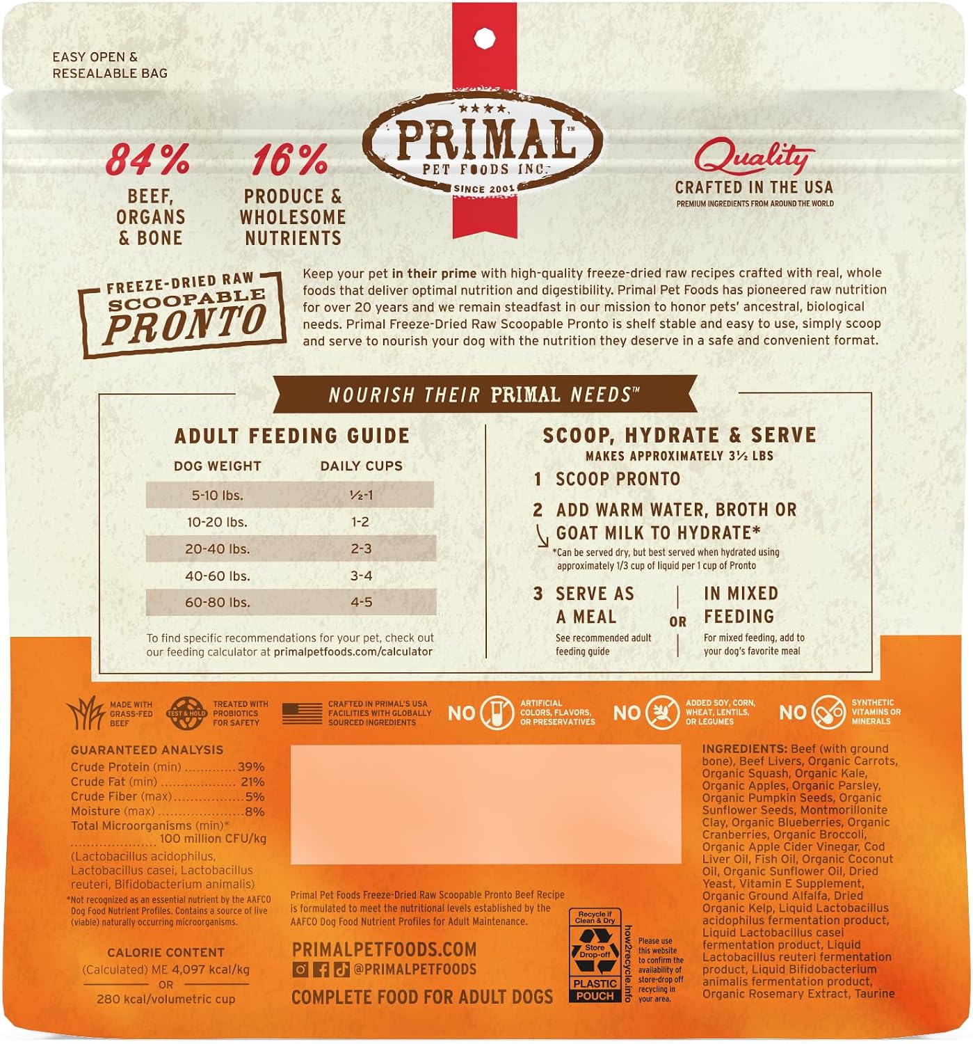 Primal Pet Foods complete and balanced raw dog food scoop and serve packaging angle