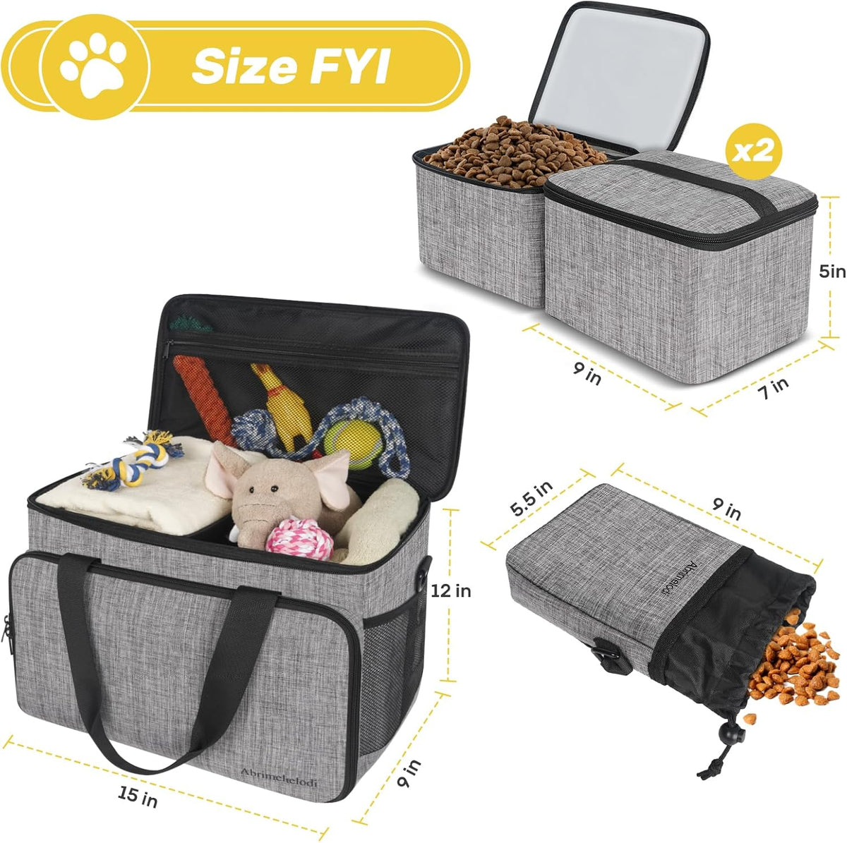 Abrimelodi pet travel organizer bag with insulated dog food containers