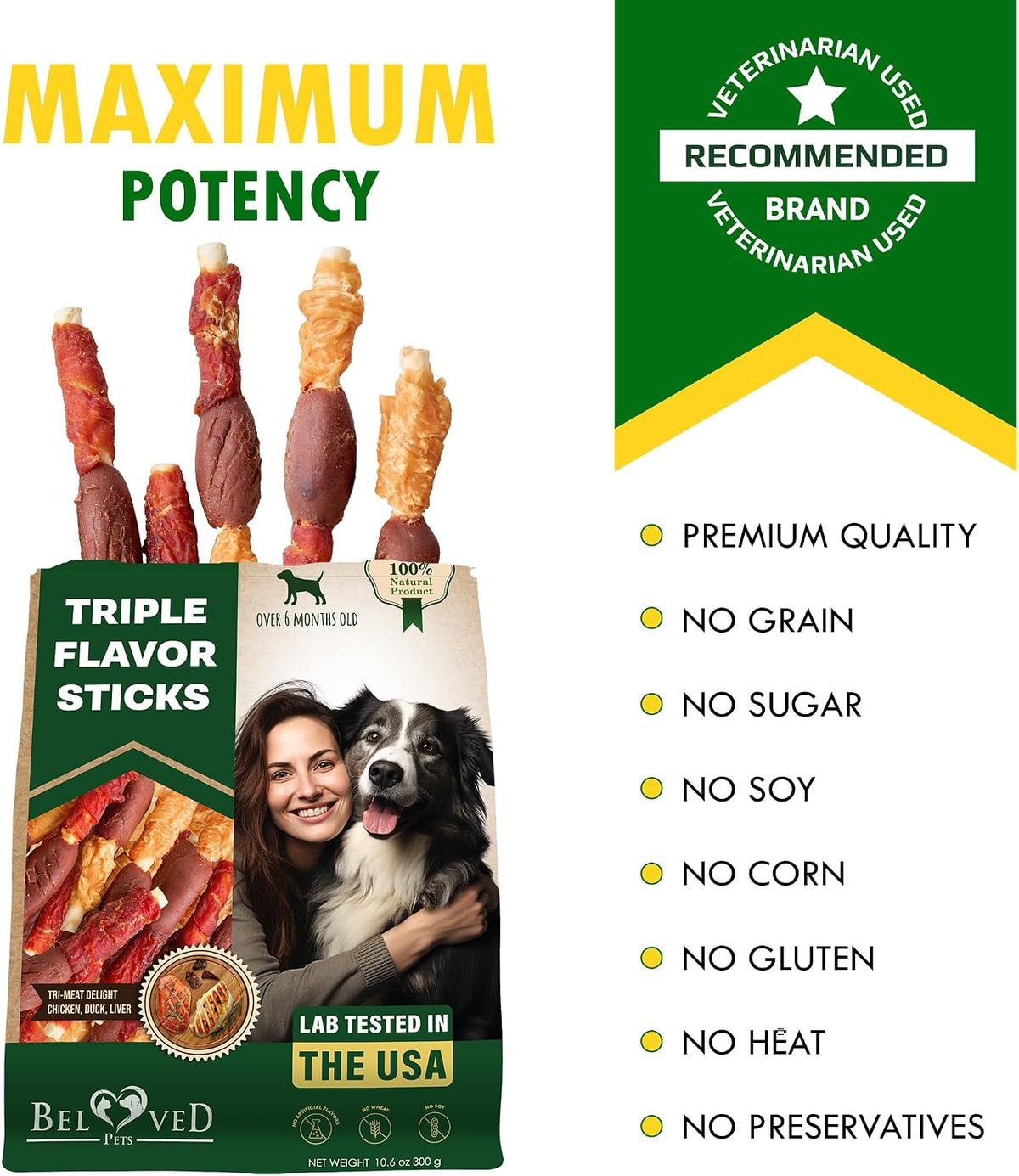 Triple flavor dog rawhide twists showing human grade meat ingredients.