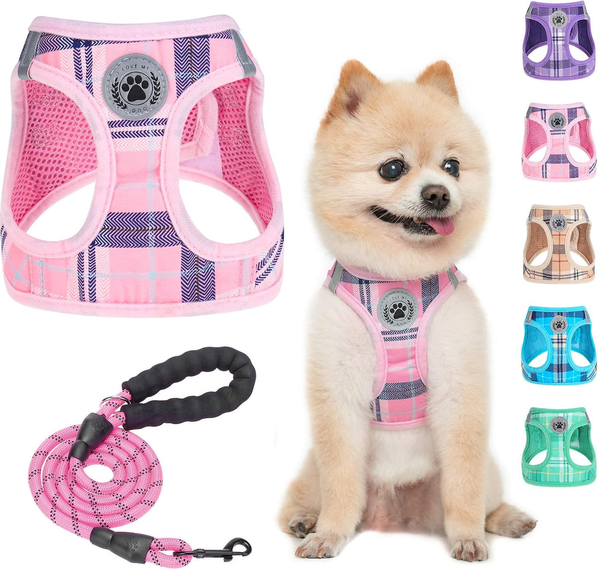 BEAUTYZOO Small Dog Harness and Leash Set,Step in No Choke No Pull Soft Mesh Dog Harnesses Reflective for Extra Small Medium Puppy Dogs and Cats, Plaid Dog Vest Harness for XS S Pets, Beige S - Image 13