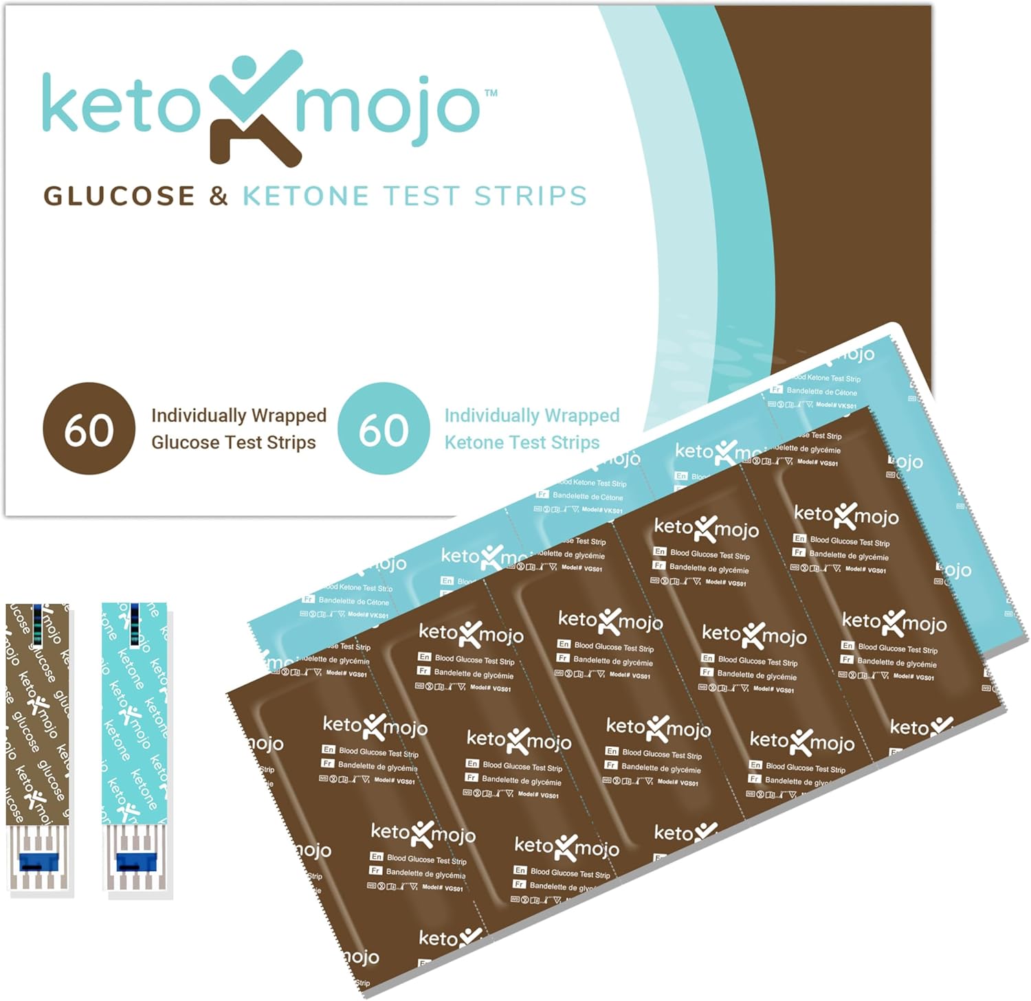 Keto-Mojo blood glucose and ketone test strips combo pack front view showcasing the packaging of one hundred twenty count testing supplies.