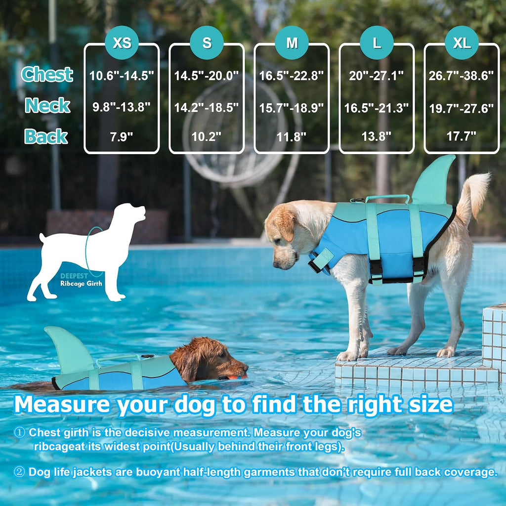 Dogcheer shark dog life vest showing top rescue handle and dorsal fin