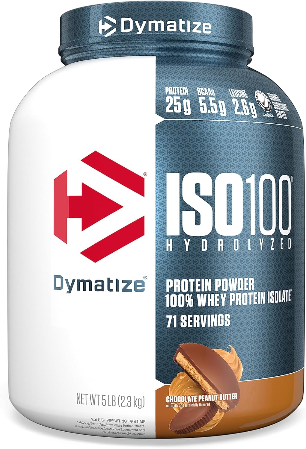 Dymatize hydrolyzed whey protein isolate container side profile showing serving size