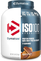 Dymatize hydrolyzed whey protein isolate container side profile showing serving size