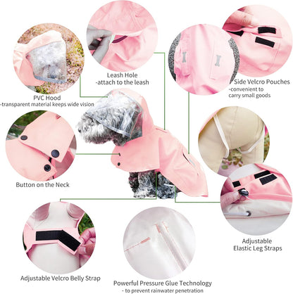 Close-up of the waterproof fabric and adjustable belly strap on the pink pet raincoat.