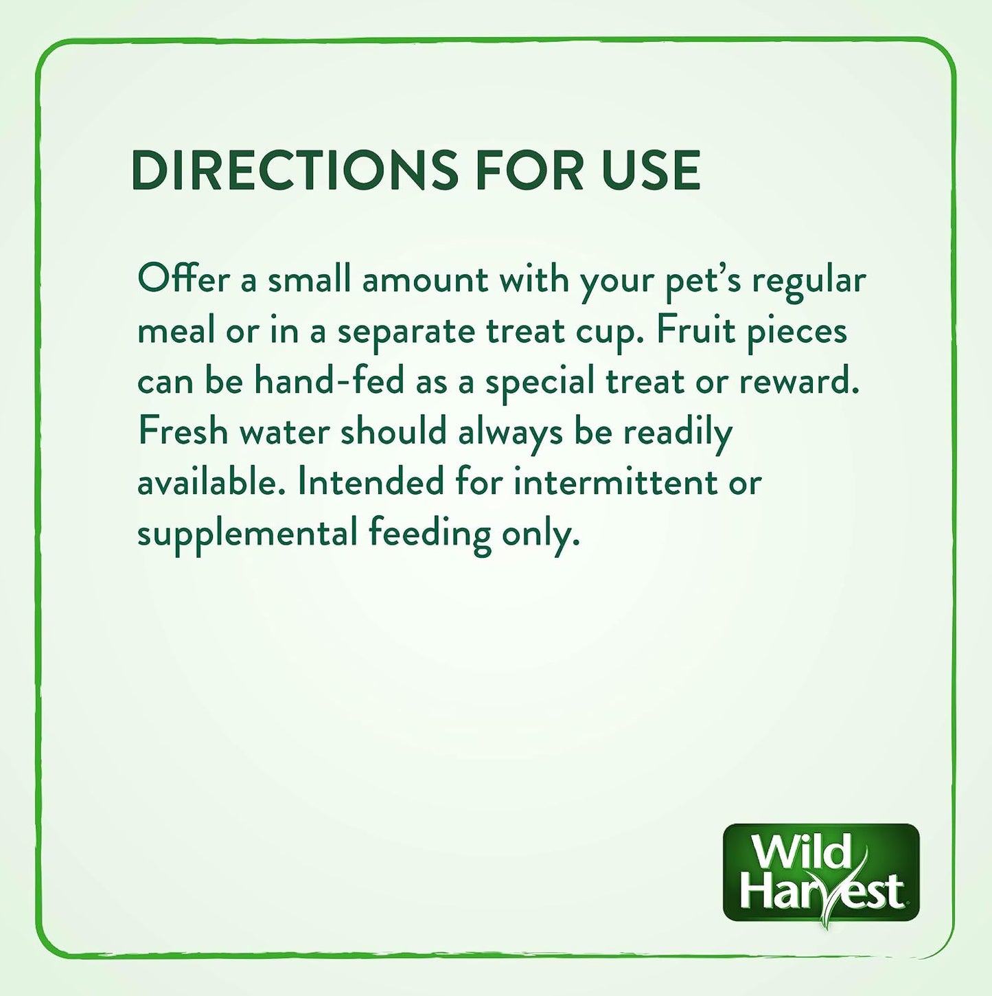 Back label of Wild Harvest small animal snacks showing nutritional analysis and feeding directions.