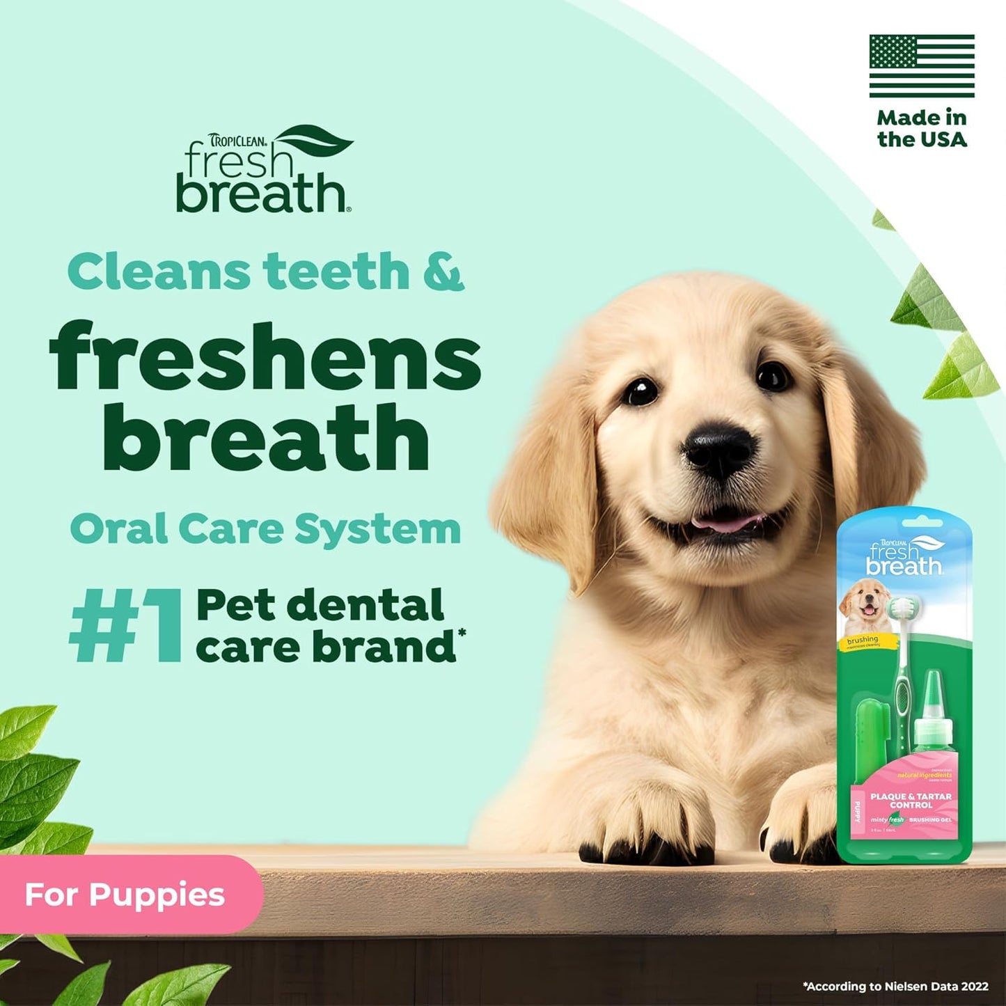 Back of the package detailing ingredients and instructions for the TropiClean puppy teeth cleaning kit.