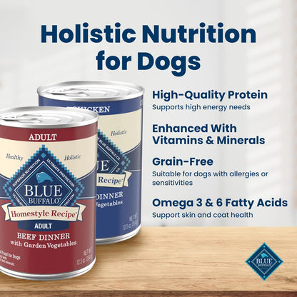 Blue Buffalo Homestyle Recipe Beef Dinner canned dog food showing natural garden vegetables graphic