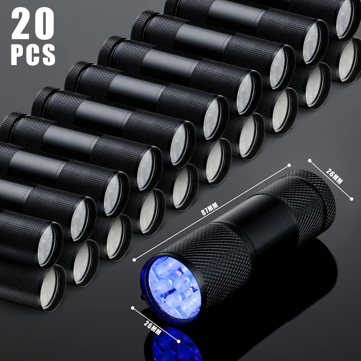 Nine LED cluster head of the Hortsun portable blacklight flashlight displaying the bulb configuration.