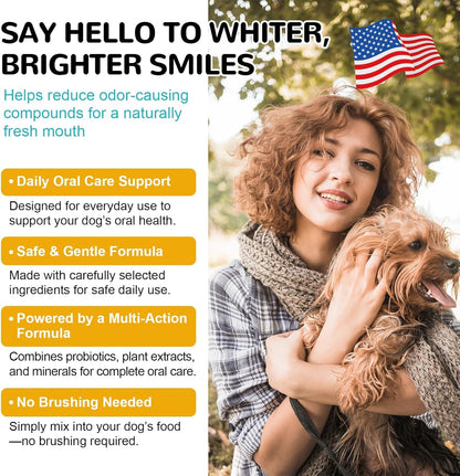 Petrivium dog tooth cleaning powder side label showing enzyme and probiotic features.