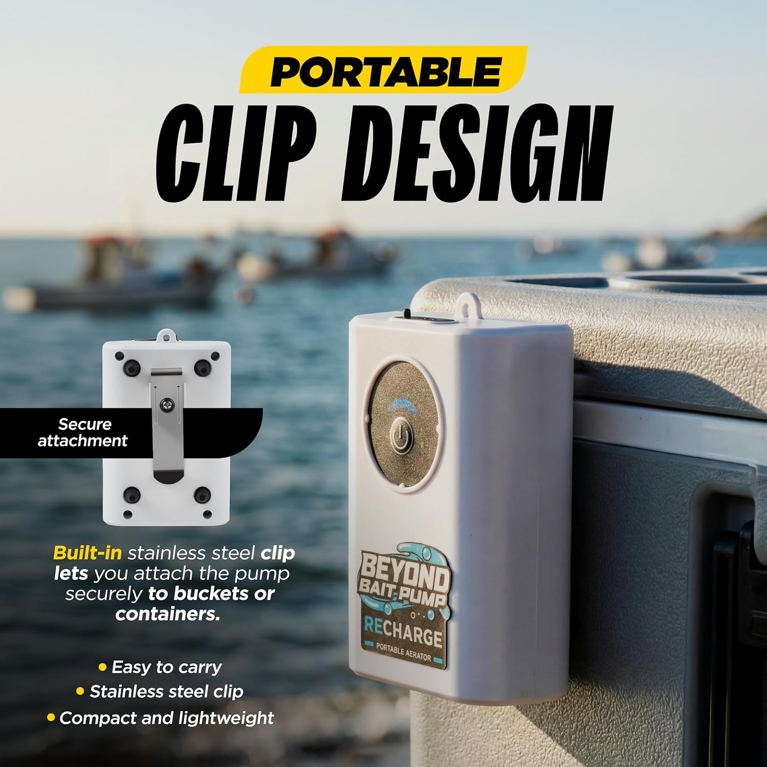 Side profile of Beyond Braid bait pump with metal mounting clip