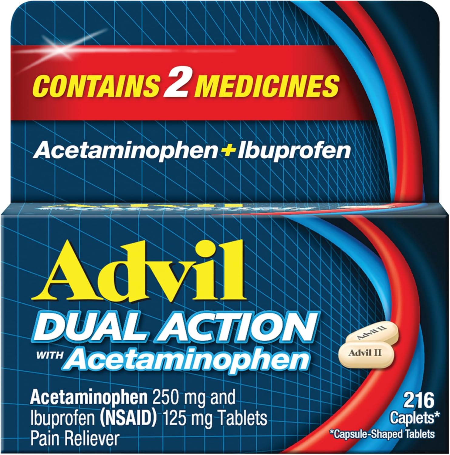 Advil Dual Action Coated Caplets, 125 Mg Ibuprofen and 250 Mg Acetaminophen per Dose (2 Dose Equivalent) for 8 Hour Pain Relief - 216 Count - Image 1