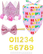 PET SHOW Pink Crown Dog Birthday Party Hat for Girls Reusable Birthday Party Cat Kitten Headband with 0-9 Figures Charms Grooming Accessories with Glue Pack of 1 - Image 12