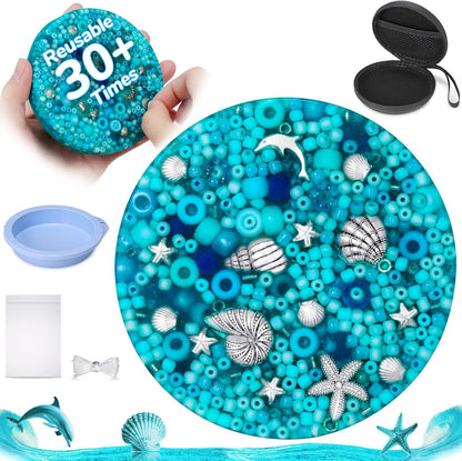 Sooppervix reusable picky fidget pad front view showing blue sea theme with embedded ocean beads.