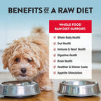 Premium imported Northwest Naturals raw beef freeze dried nuggets crumbled over a bowl of pet food.